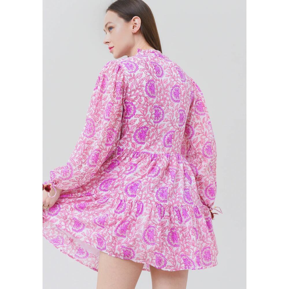 OLIPHANT Tuckernuck Long Sleeve Blouseon Yoke Mini Short Dress Malta Pink Print - Picture 4 of 9